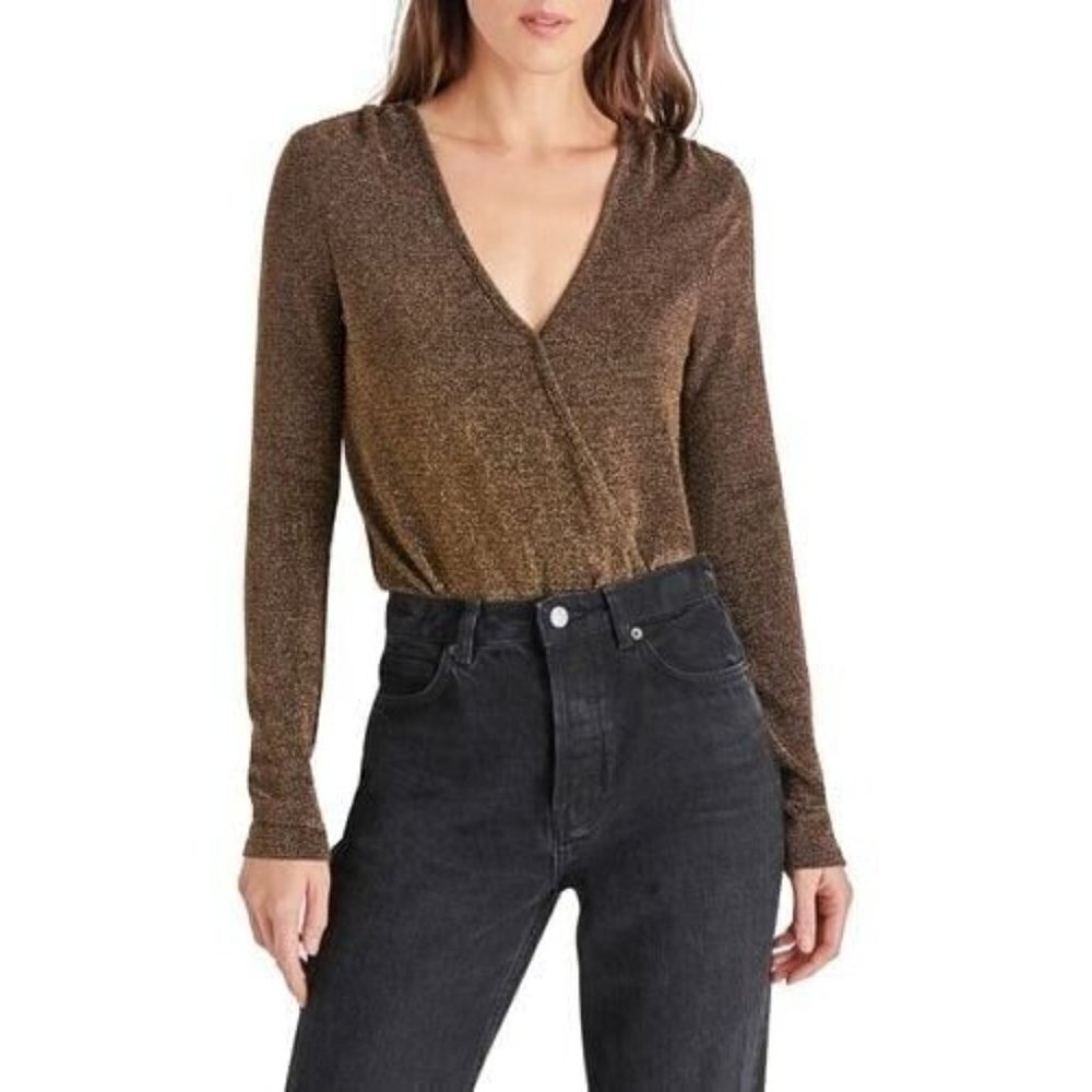 Steve Madden BNWT womens gold glitter faux wrap bodysuit sz small long sleeve